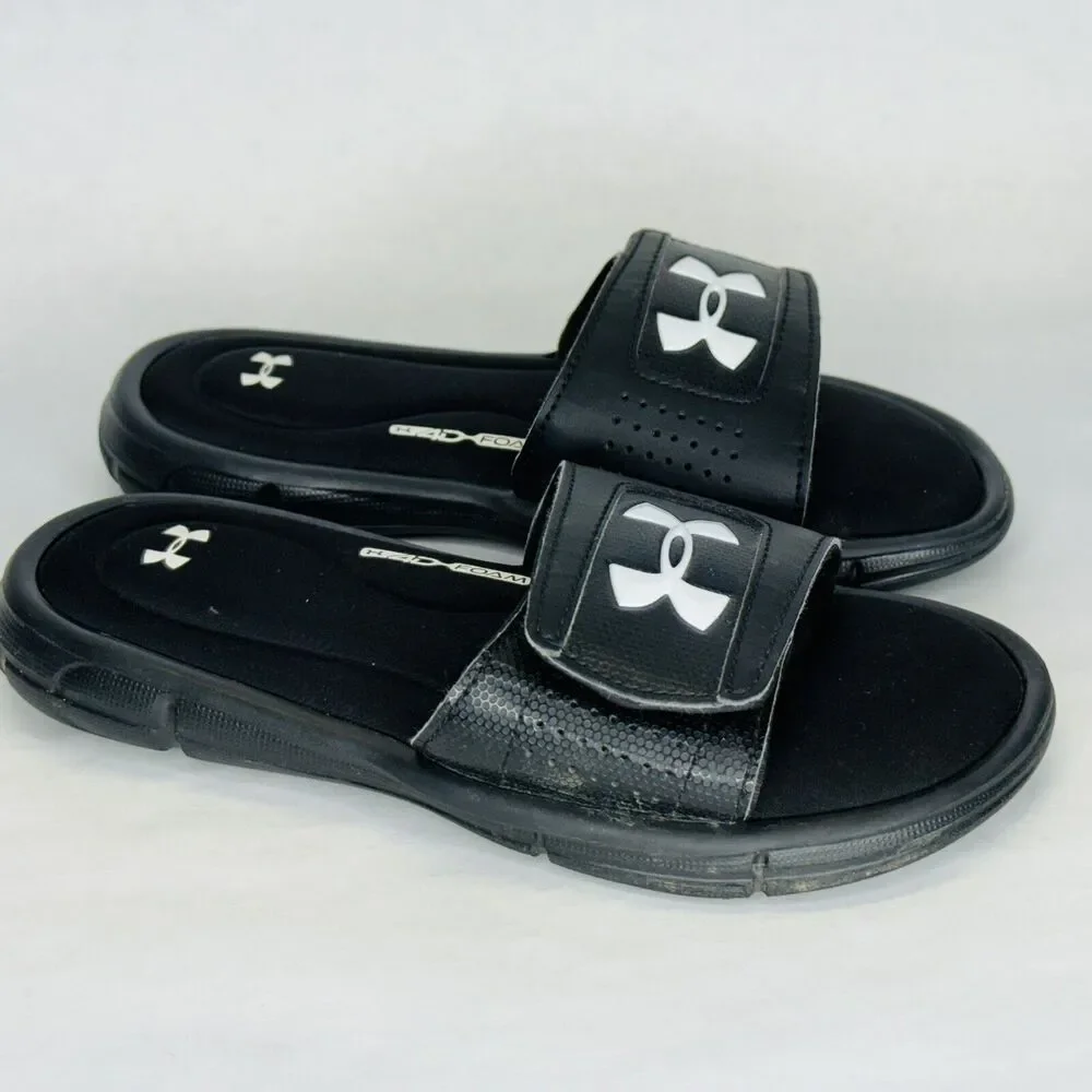 Under Armour 4D Foam Slide Sandals Black Youth Unisex Sz 1Y Adjustable Hook Loop